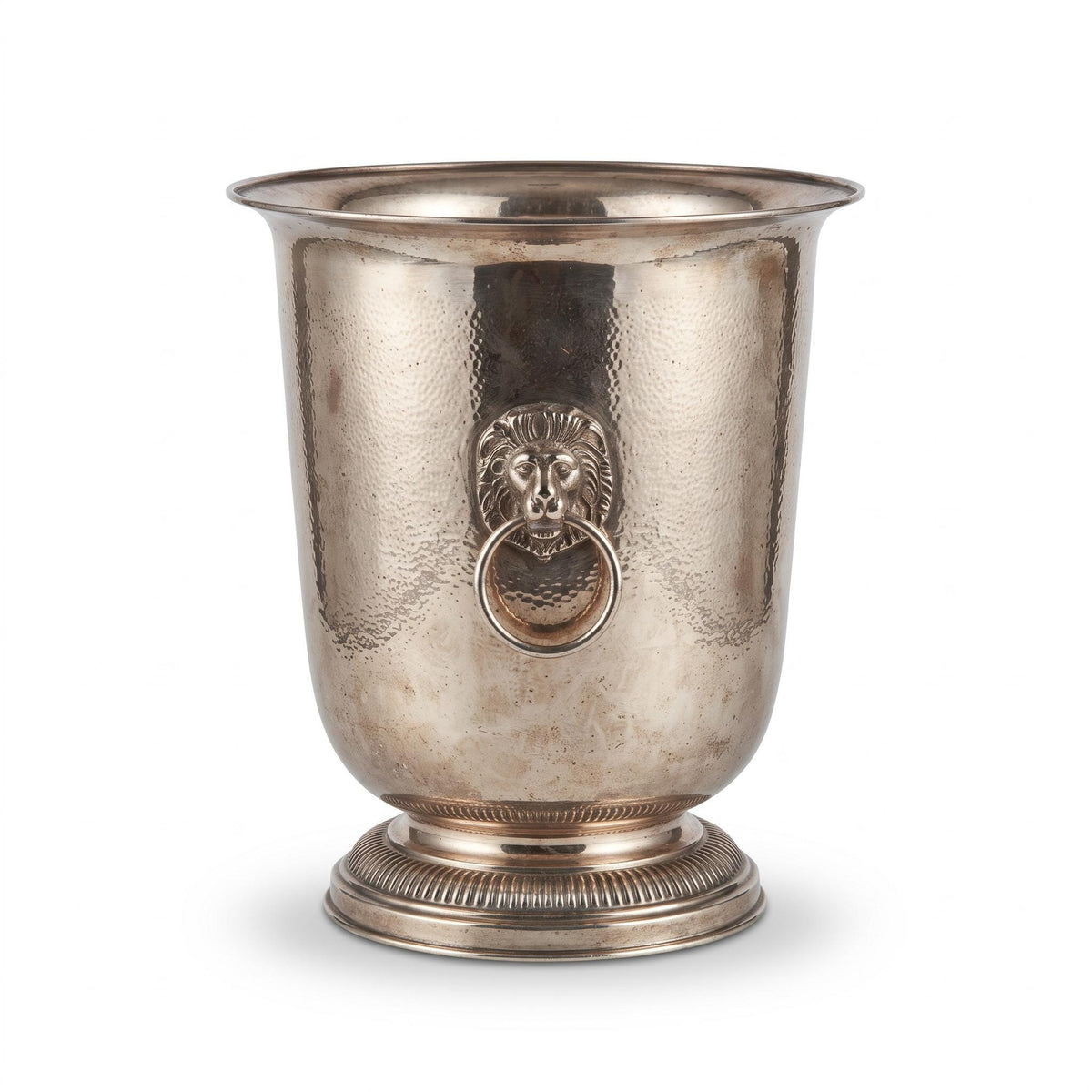Vintage Silver-Tone Champagne Bucket with Lion Mask Ring Handles and Fluted Pedestal Base, Regency Style
