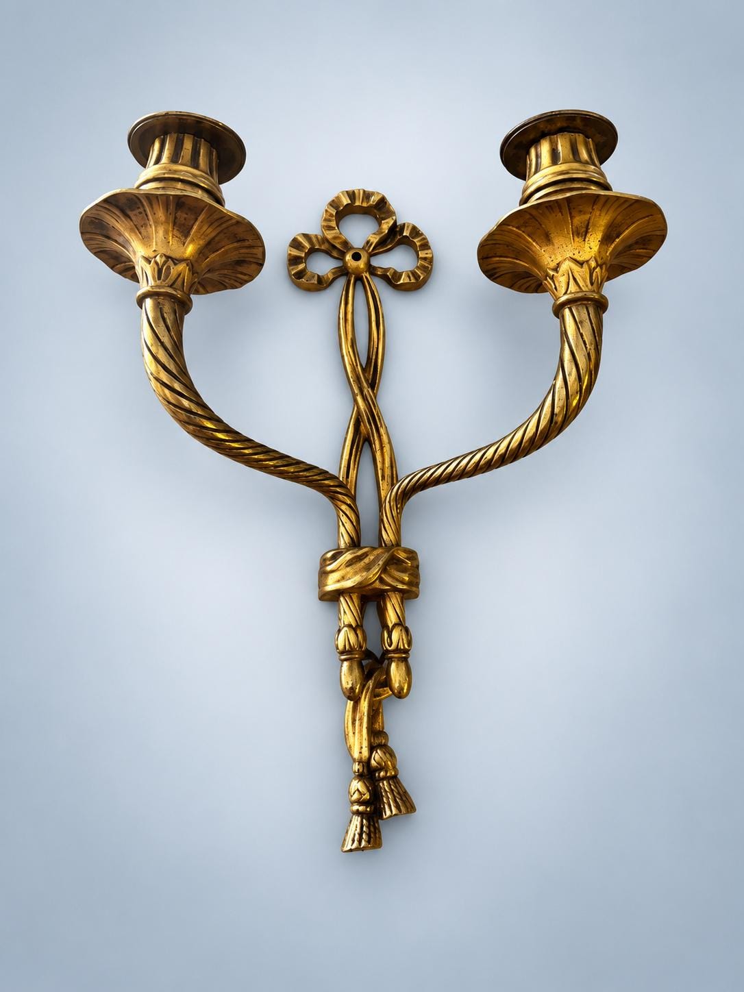 Single Louis XVI Style Two-Arm Wall Sconce, Gold-Tone Metal, Ribbon Bow, Rope-Fluted Arms and Tassels, 28 cm