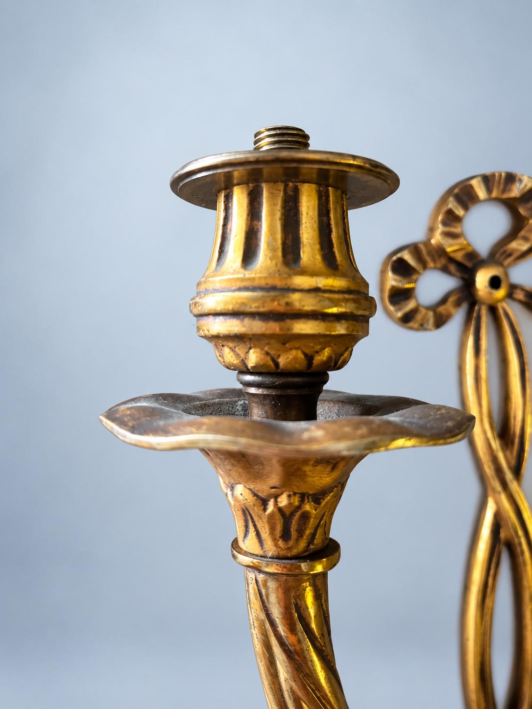 Single Louis XVI Style Two-Arm Wall Sconce, Gold-Tone Metal, Ribbon Bow, Rope-Fluted Arms and Tassels, 28 cm