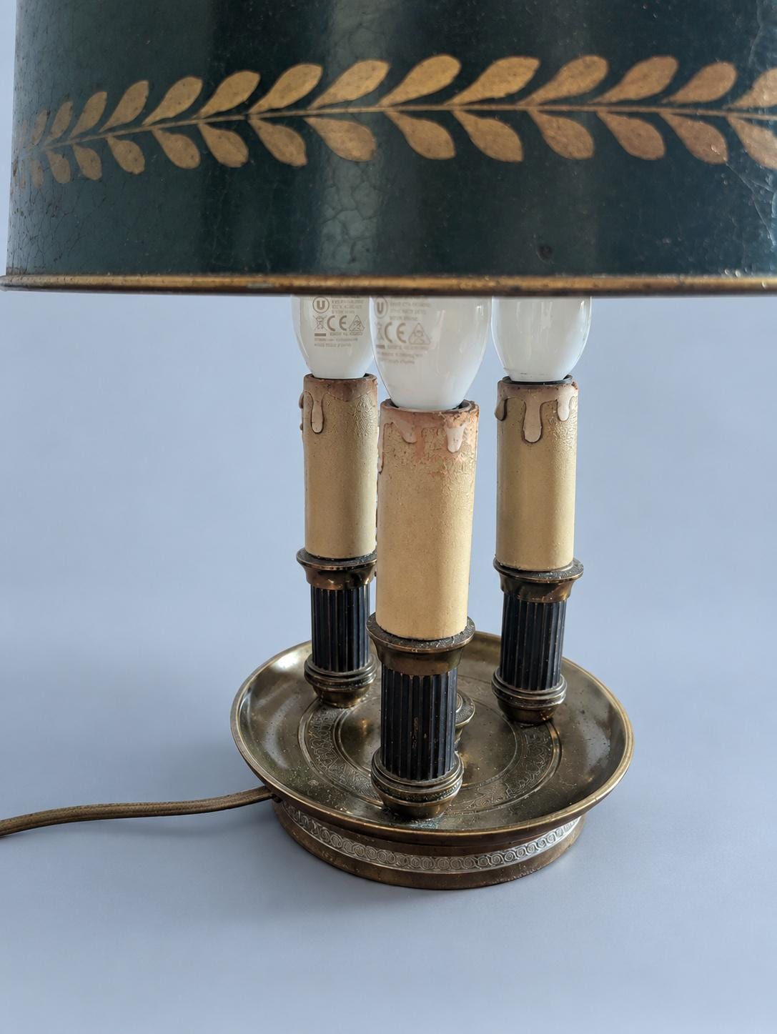 Vintage Empire Style Three-Light Bouillotte Lamp with Adjustable Green Tôle Shade