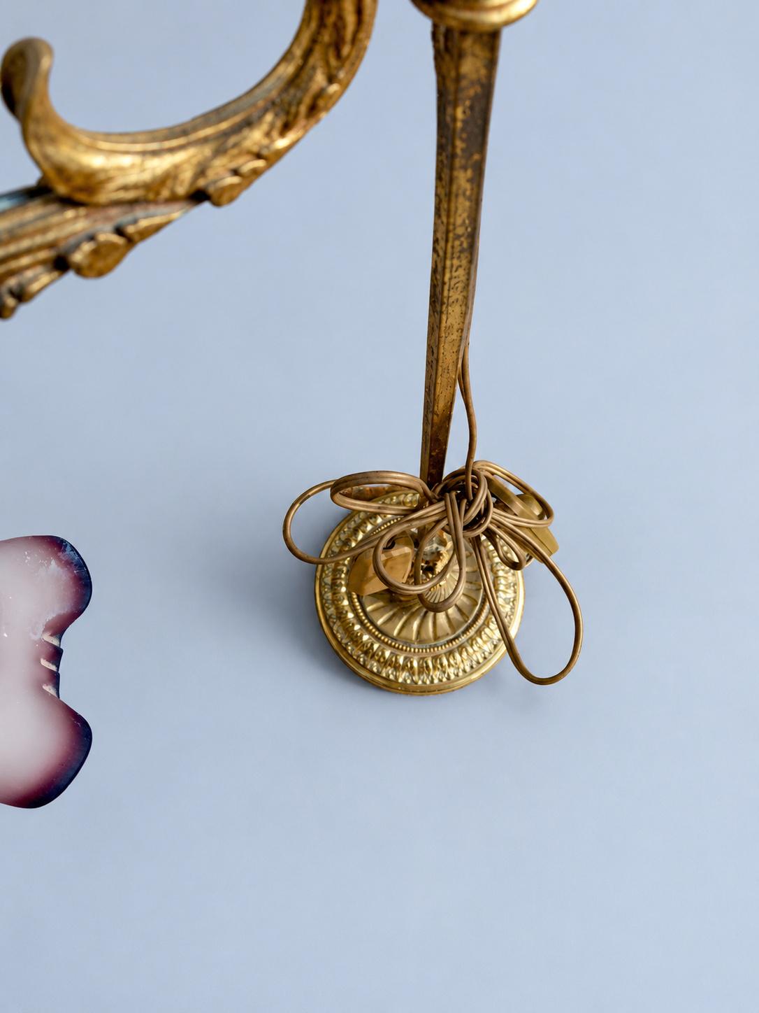 Vintage French Gilt Metal Sliding Desk Lamp with Frosted Glass Tulip Shade and Ruffled Cranberry-Tone Rim