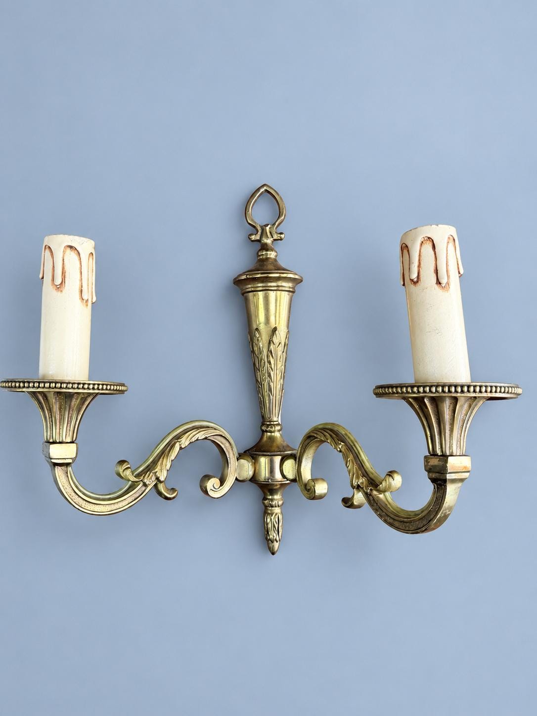 Vintage Pair of Louis XVI Style Brass-Tone Two-Arm Wall Sconces with Leaf-Cast Urn and Heart Loop