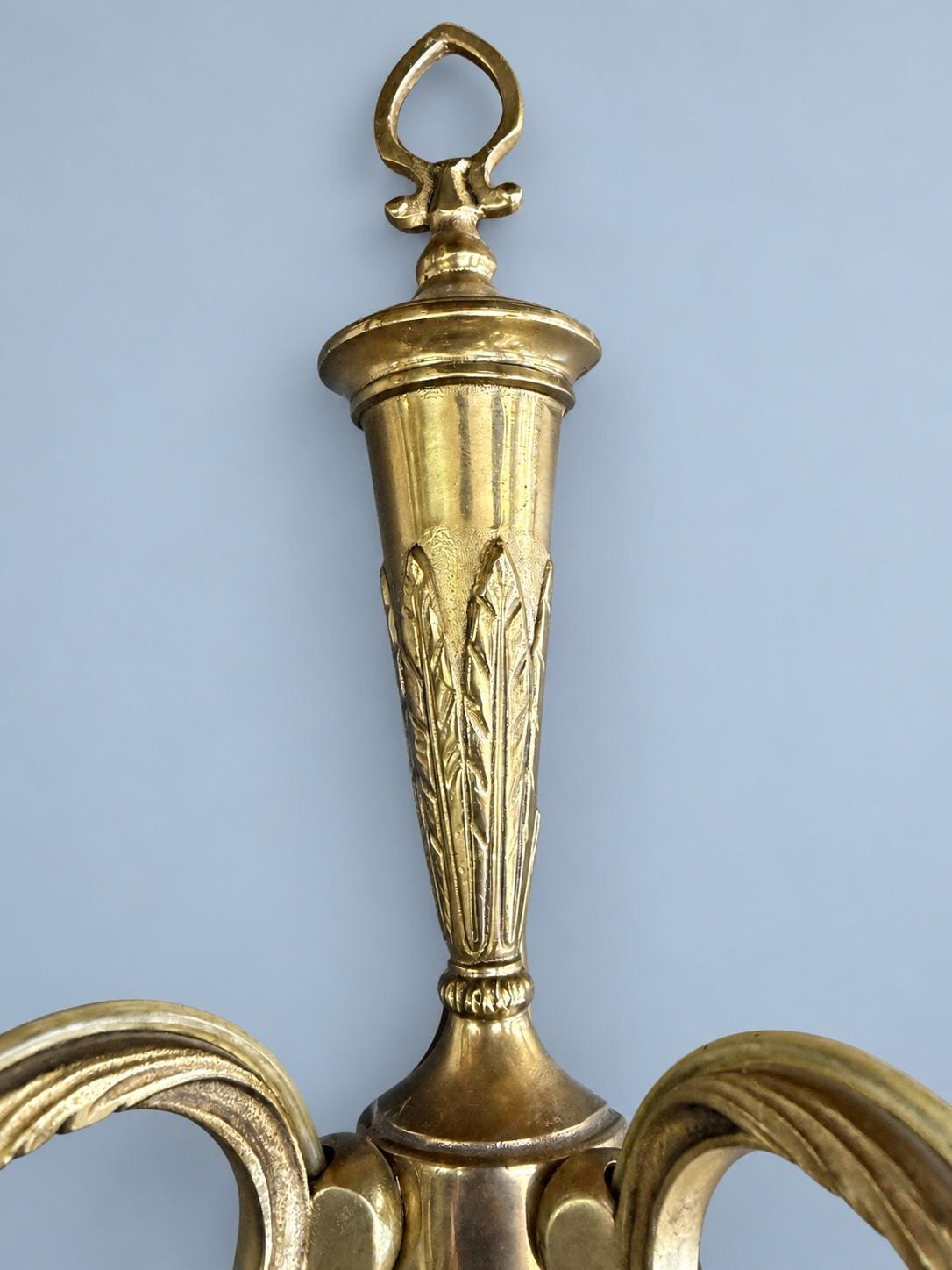 Vintage Pair of Louis XVI Style Brass-Tone Two-Arm Wall Sconces with Leaf-Cast Urn and Heart Loop