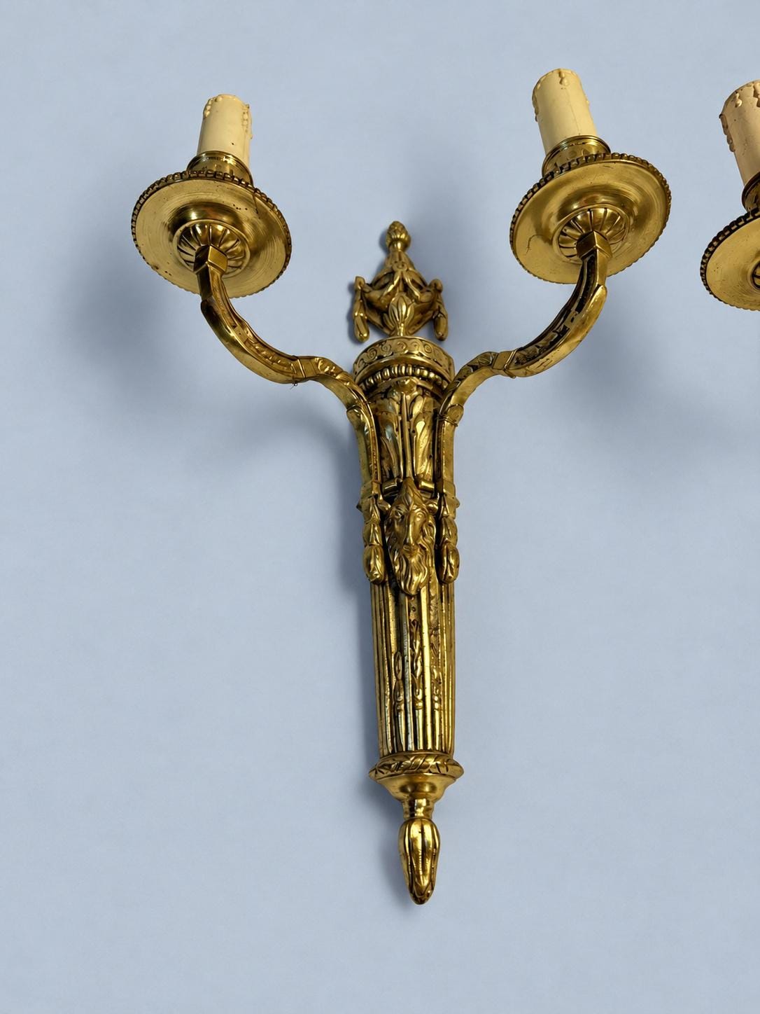 Vintage Pair of Large Louis XVI Style Gilt Metal Two-Arm Wall Sconces with Draped Urn and Mask