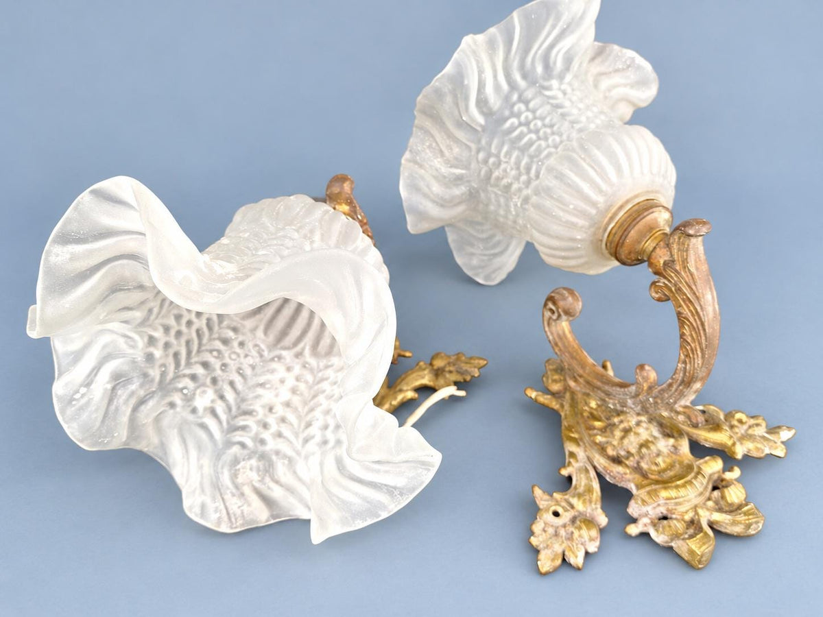Vintage Pair of Louis XV Style Gilt Metal Wall Sconces with Ruffled Frosted Glass Tulip Shades