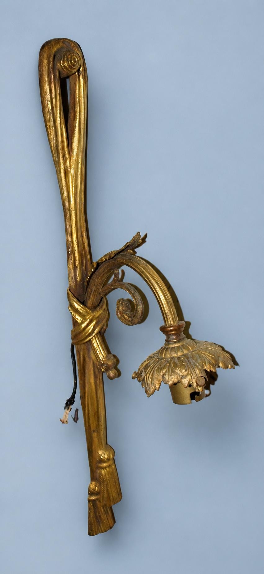 Vintage Set of Three Louis XVI Style Gilt Metal Wall Sconces with Curtain Tie-Back and Tassel Design