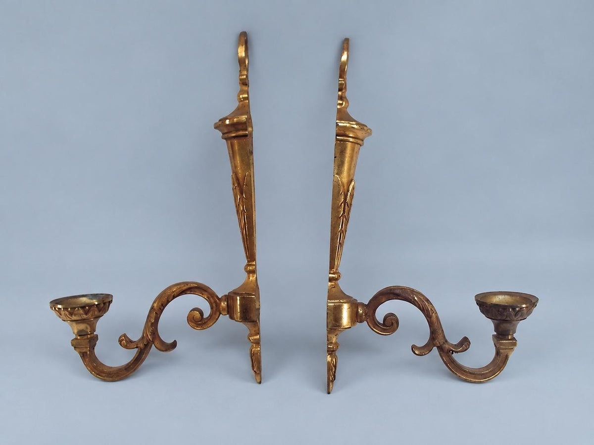 1950s Brass and Bronze Wall Sconce Pair, Louis XVI Style Leaf Quiver Backplates and Single Scroll Arms