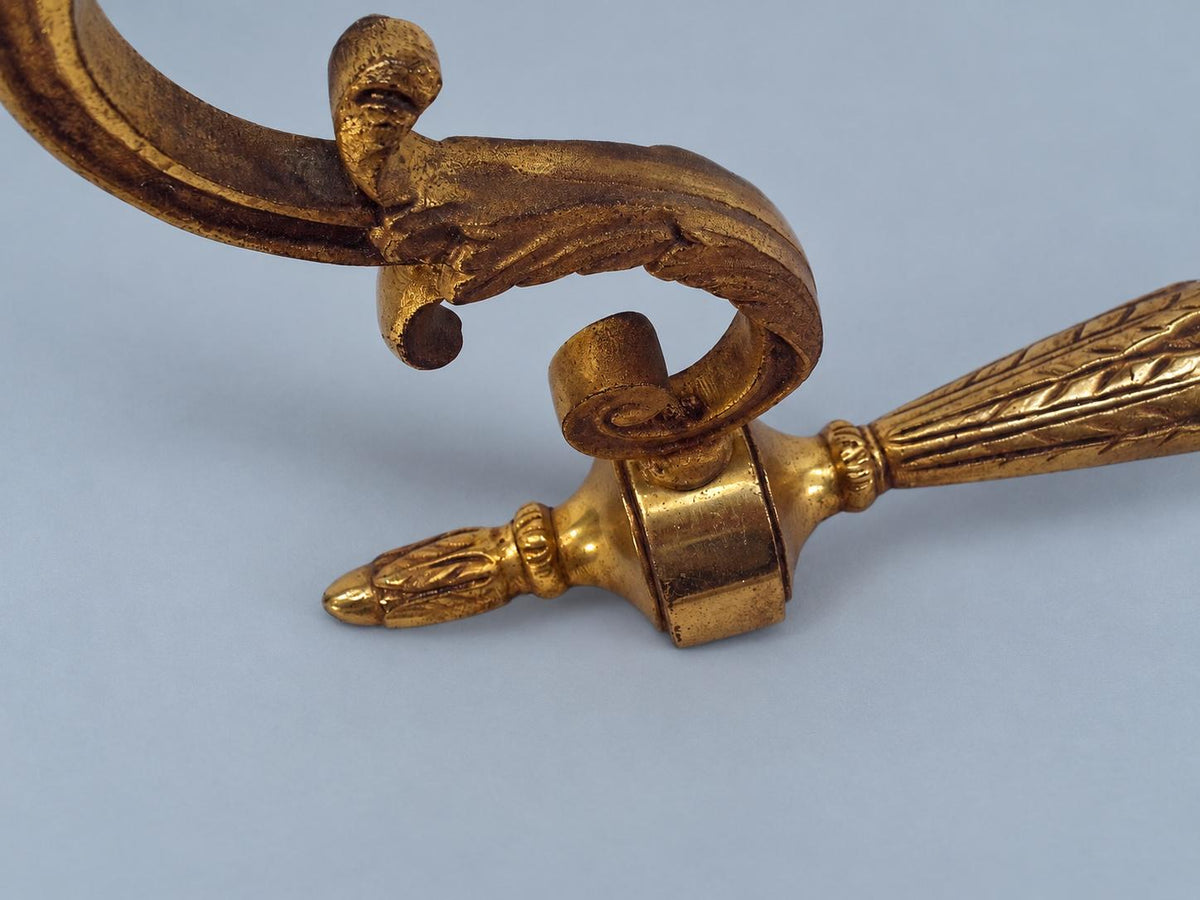 1950s Brass and Bronze Wall Sconce Pair, Louis XVI Style Leaf Quiver Backplates and Single Scroll Arms