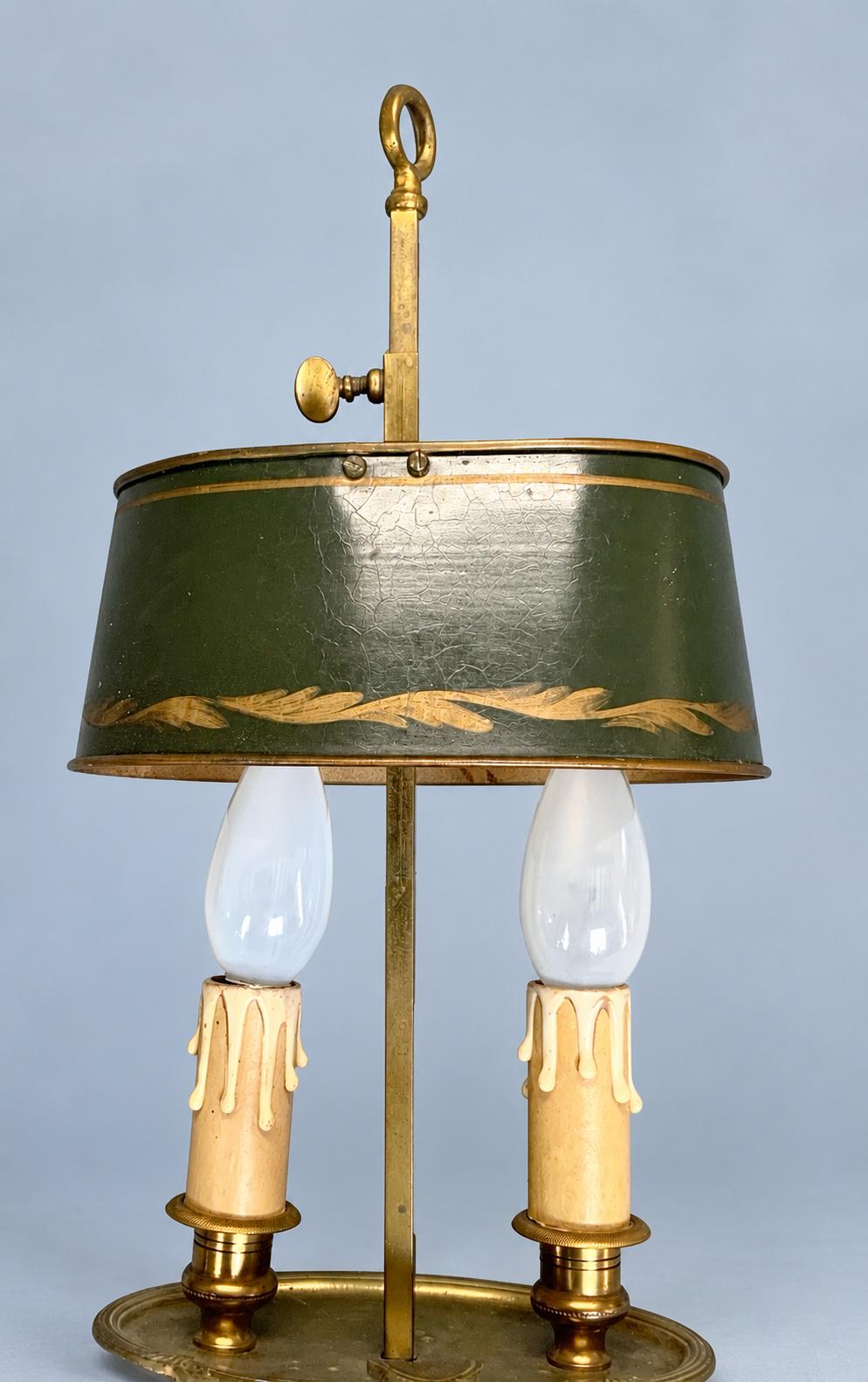 Vintage Small Bouillotte Two-Light Lamp with Bronze-Tone Dished Base and Green Tôle Shade