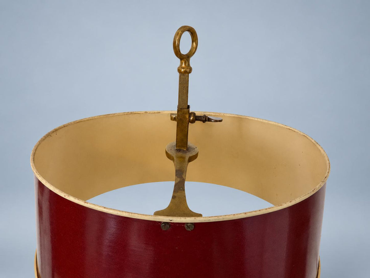 Vintage Bouillotte-Style Two-Light Gilt Metal Lamp with Louis XV Base and Burgundy Tôle Shade