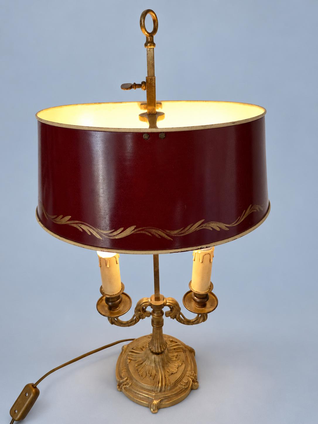 Vintage Bouillotte-Style Two-Light Gilt Metal Lamp with Louis XV Base and Burgundy Tôle Shade