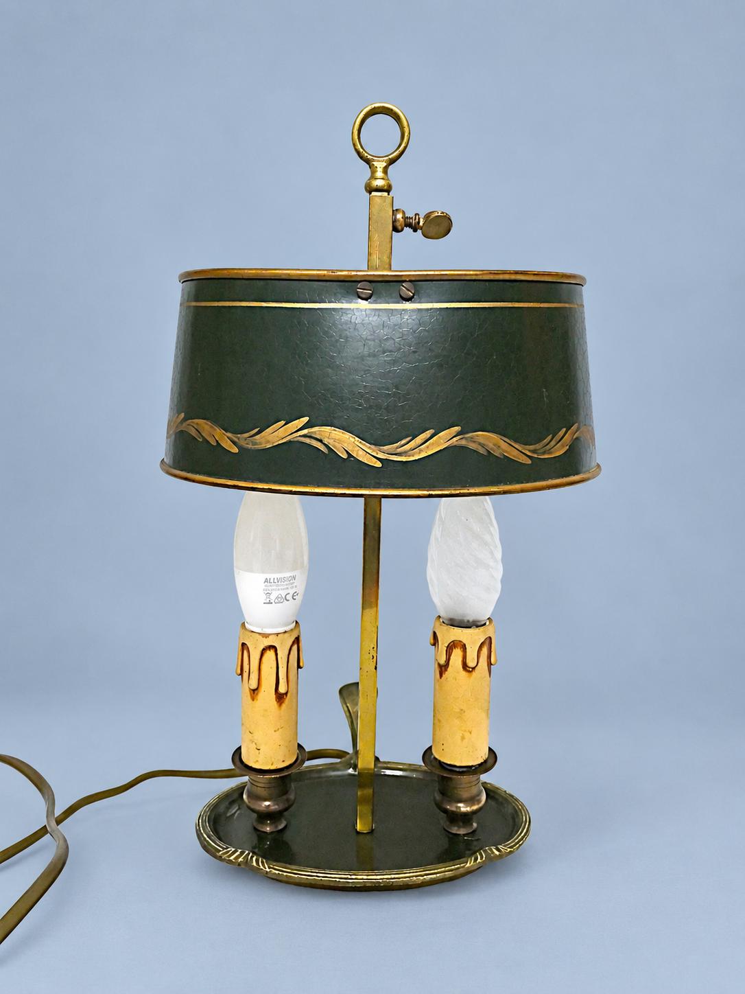 Vintage Small Bouillotte Two-Light Brass-Tone Table Lamp with Oval Green Tôle Shade