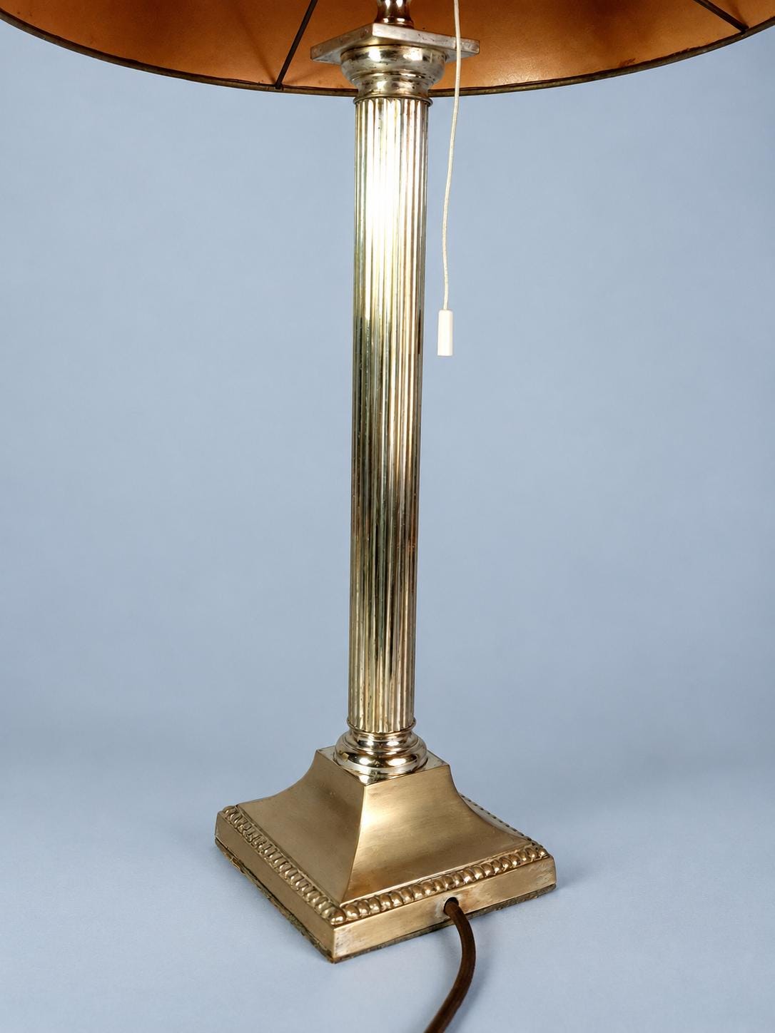 Antique Fluted Column Table Lamp with Worn Silver-Tone Finish, Beaded Square Base and Modern Shade