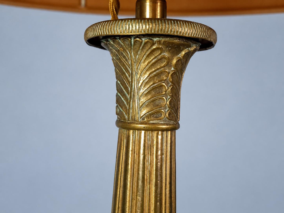 Antique Bronze Candlestick Table Lamp, Fluted Palm Column, Lion Claw Feet, Cream Shade, 44 cm