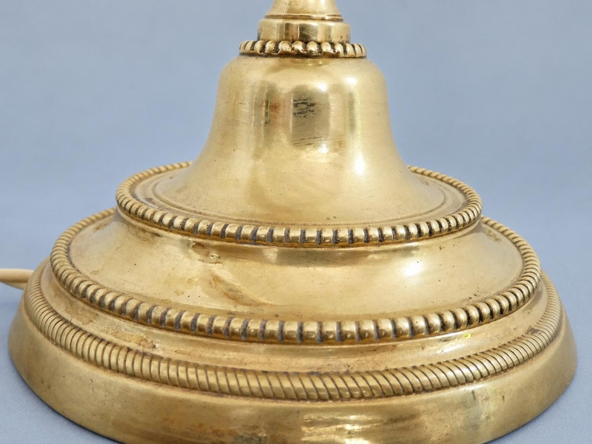 Antique Louis XVI Style Brass-Tone Candlestick Table Lamp with Beaded Friezes and Fluted Stem
