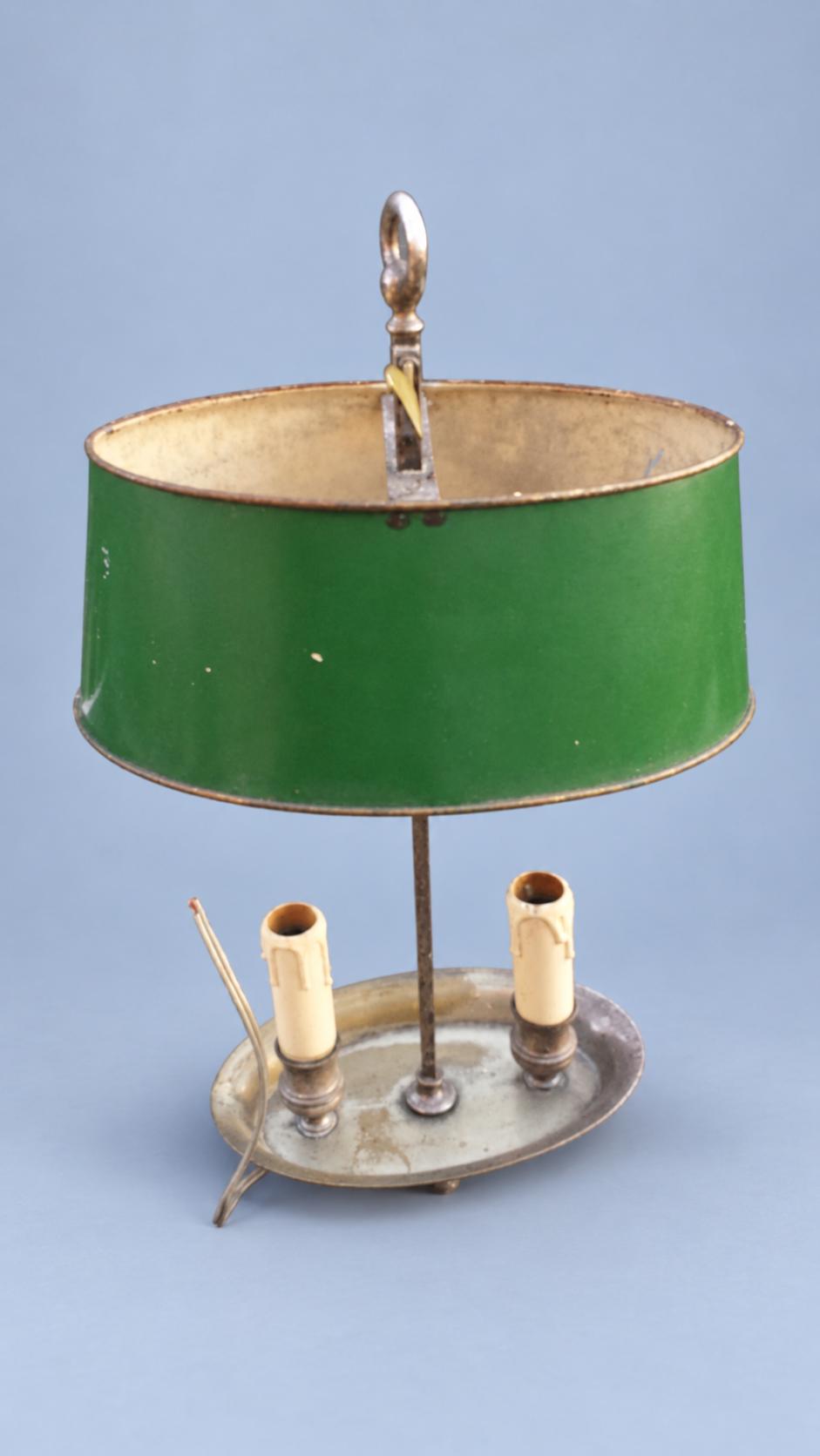 Vintage Bouillotte Two-Light Lamp with Silver-Tone Dished Base and Green Tôle Shade