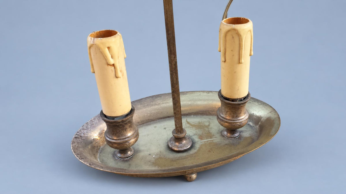 Vintage Bouillotte Two-Light Lamp with Silver-Tone Dished Base and Green Tôle Shade