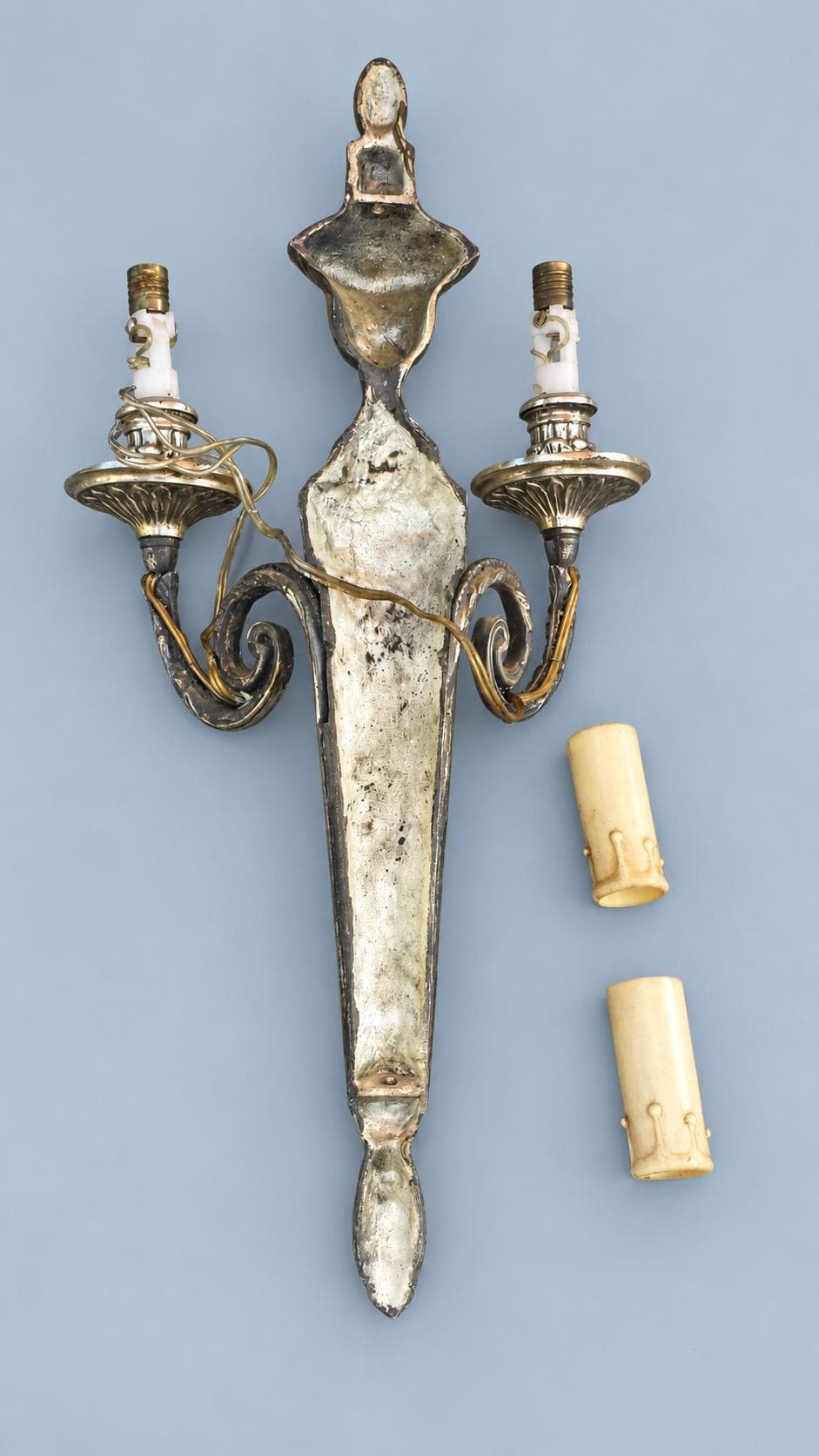 Vintage Louis XVI Style Single Two-Arm Silver-Tone Wall Sconce with Fluted Torch and Palmette Drip Pans