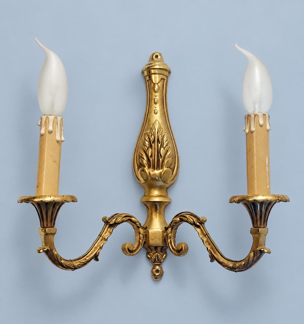 Vintage Pair of French Louis XVI Style Two-Arm Bronze-Tone Wall Sconces with Acanthus Back Plates
