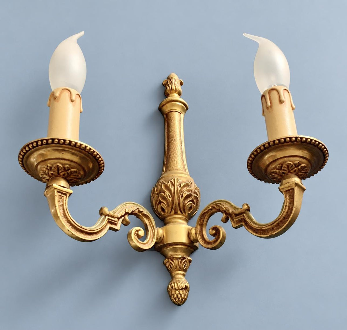 Vintage Pair of French Louis XVI Style Two-Arm Gilt Metal Wall Sconces with Acanthus Column Back Plates