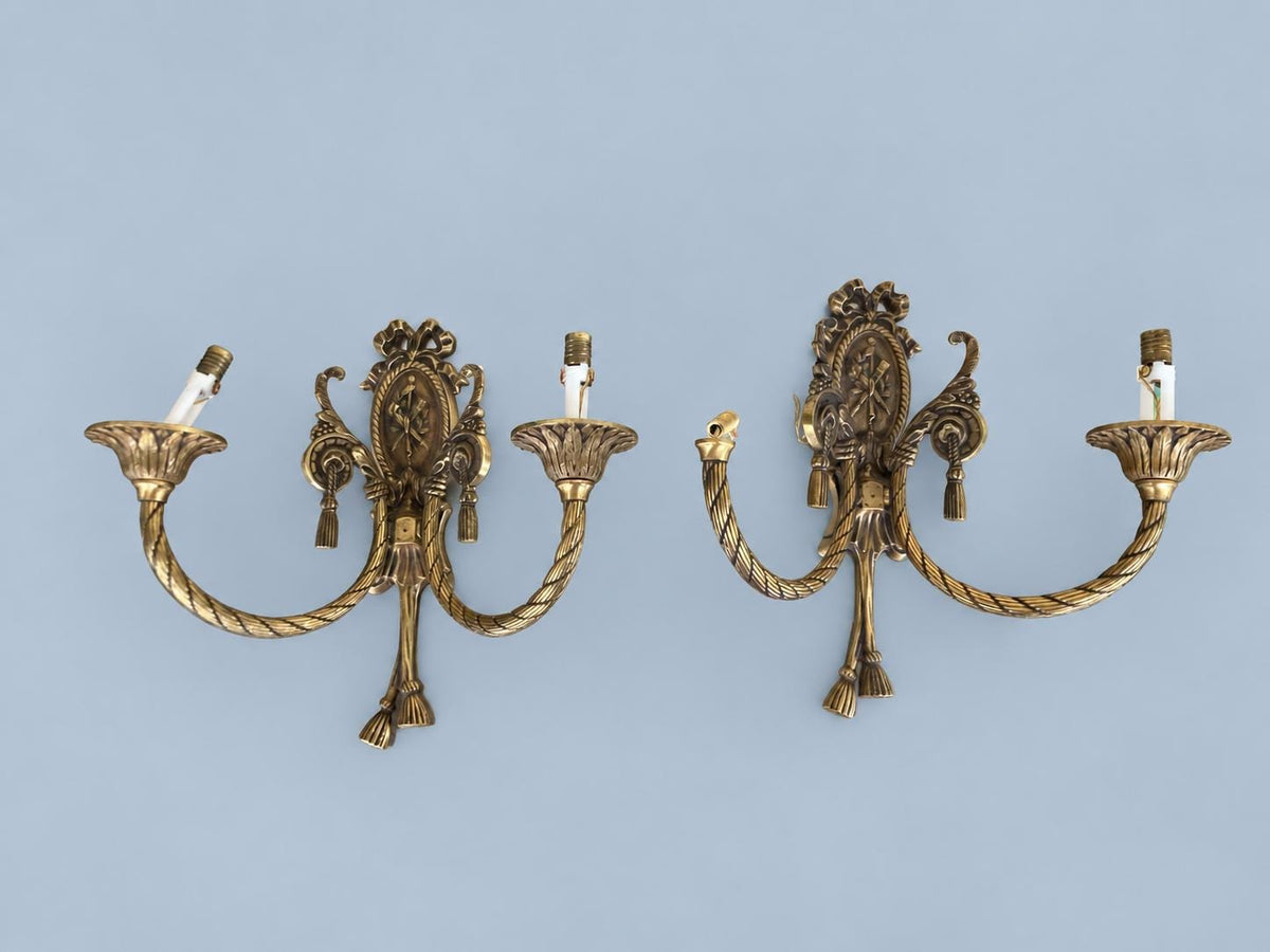Vintage Pair of Louis XVI Style Two-Arm Bronze-Tone Wall Sconces with Ribbon Bow, Medallion and Tassels