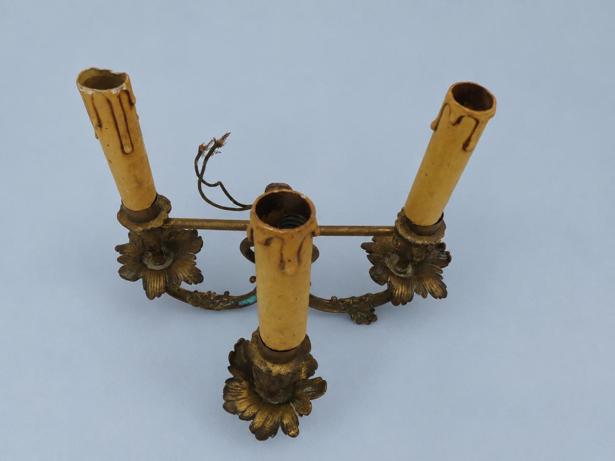 Antique Bronze Three-Arm Wall Sconce, Oak Leaf and Acorn Decor, Louis XVI Style, Aged Candle Sleeves