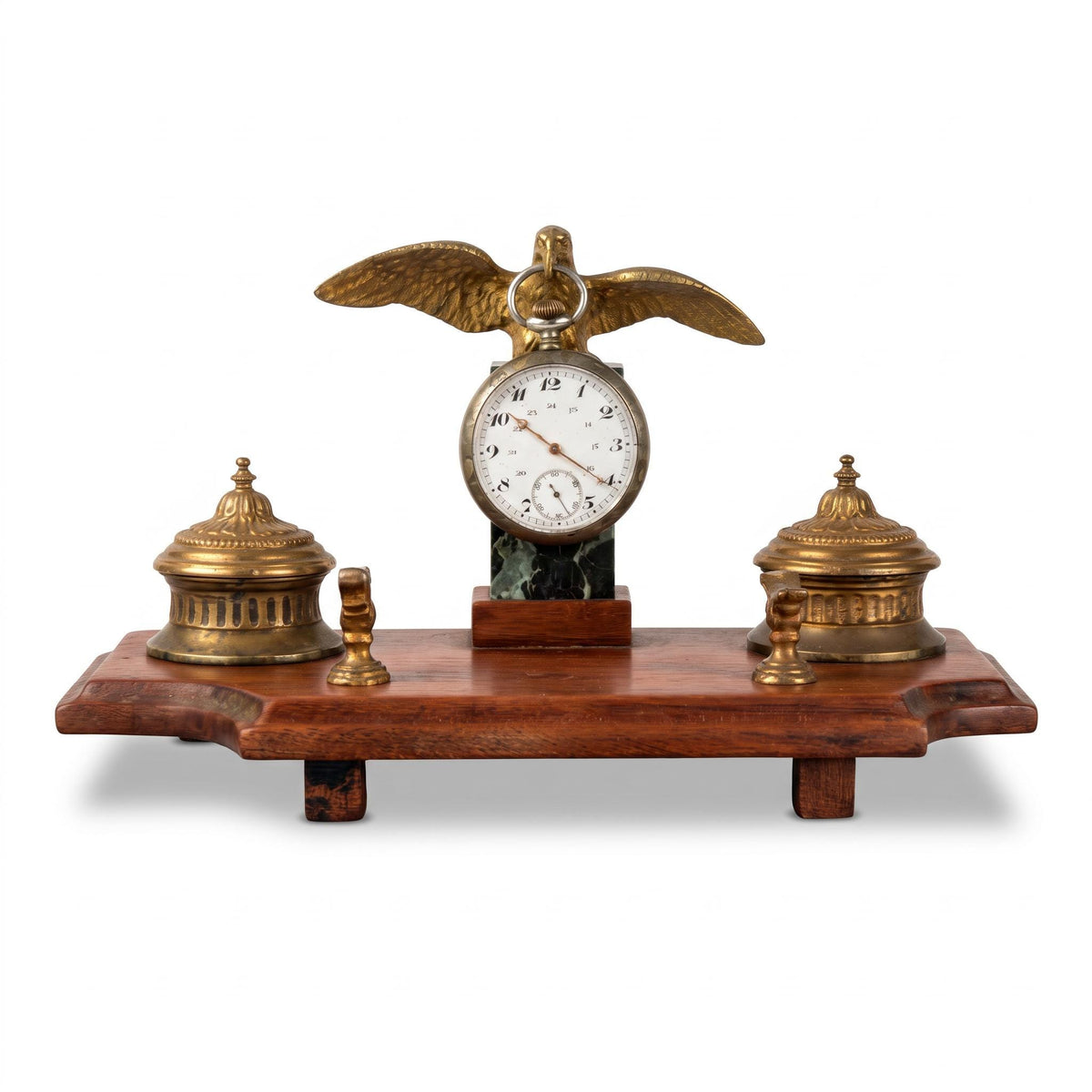 Vintage Double Inkwell Desk Stand with Gilt Metal Eagle Pocket Watch Holder on Veined Stone Block, Napoleon III Style