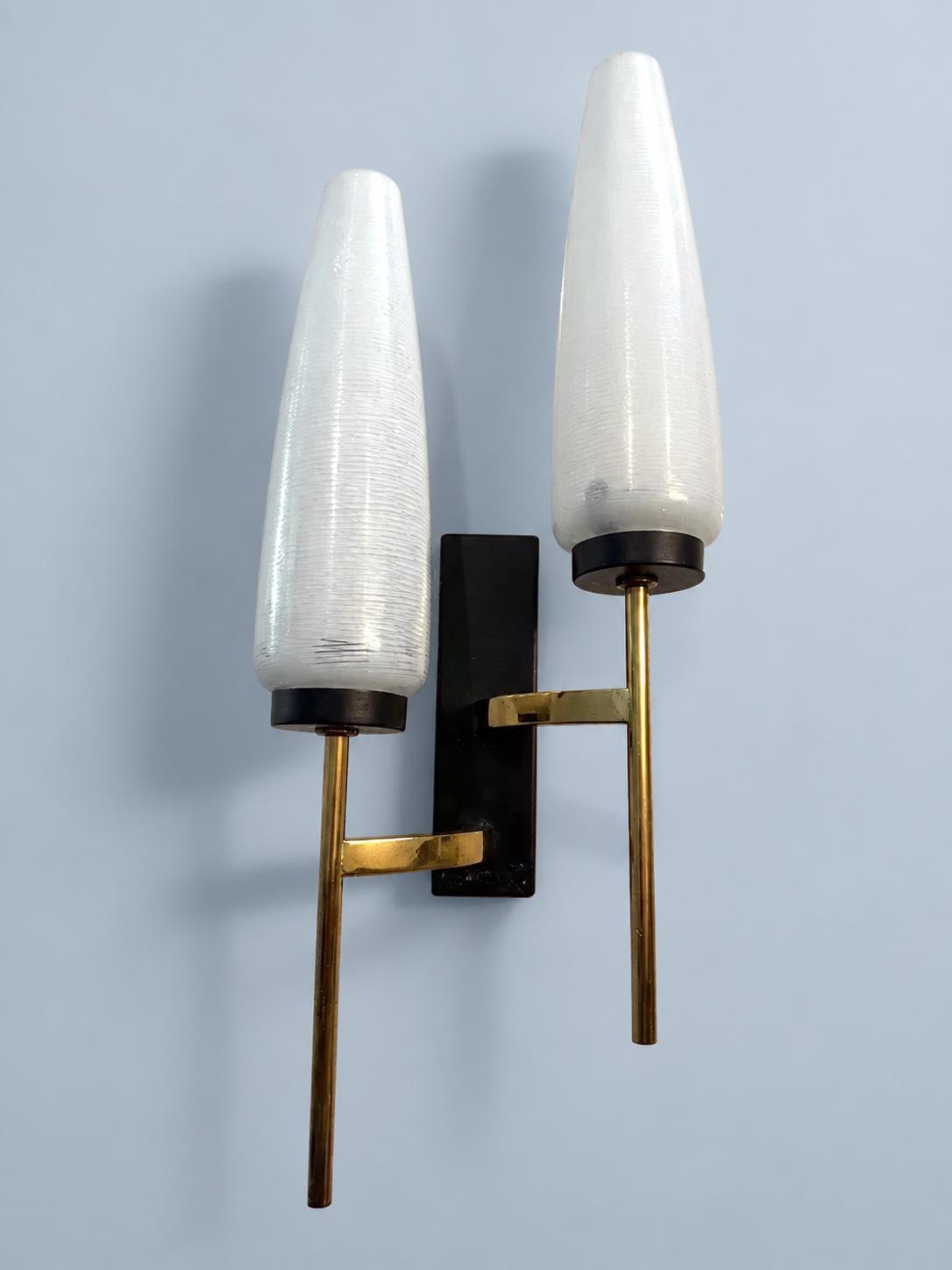 1950s Two-Light Brass Wall Sconce with Tapered White Opaline Glass Shades and Black Backplate