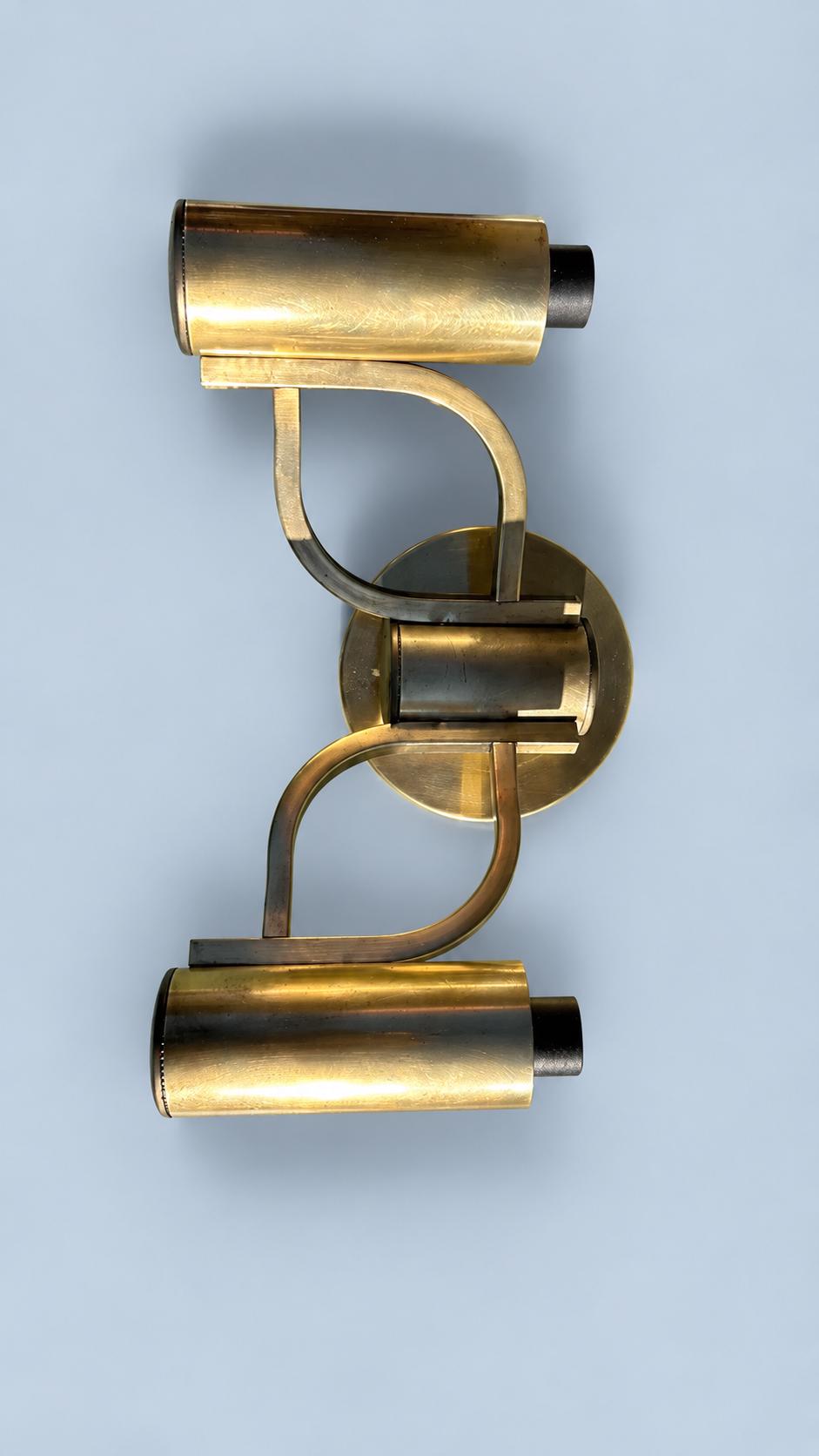 1970s Brass Two-Light Wall Sconce, Loop Arms and Cylinder Sockets, Sciolari Style