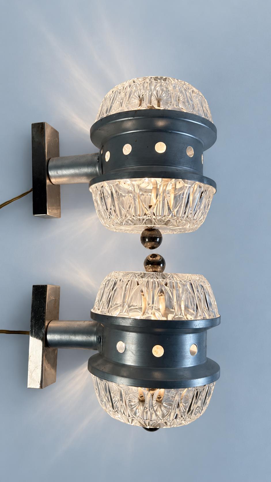Vintage 1970s Pair of Small Aluminium-Tone and Moulded Glass Wall Sconces with Ball Finials