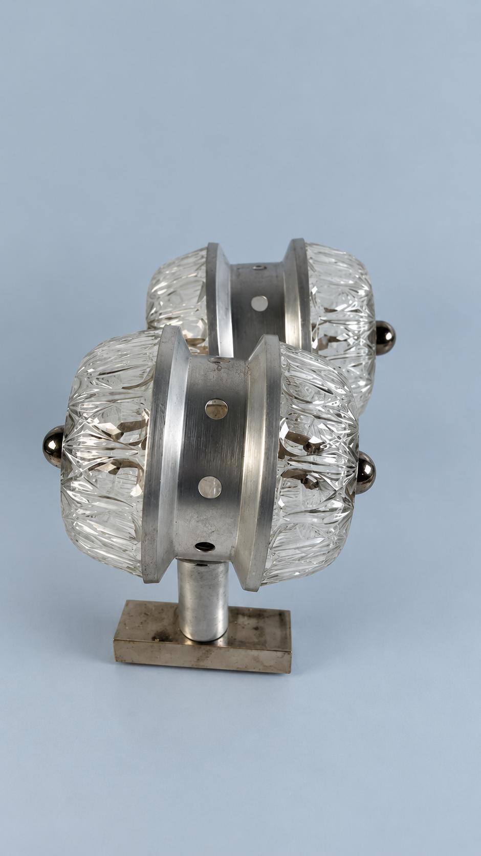 Vintage 1970s Pair of Small Aluminium-Tone and Moulded Glass Wall Sconces with Ball Finials