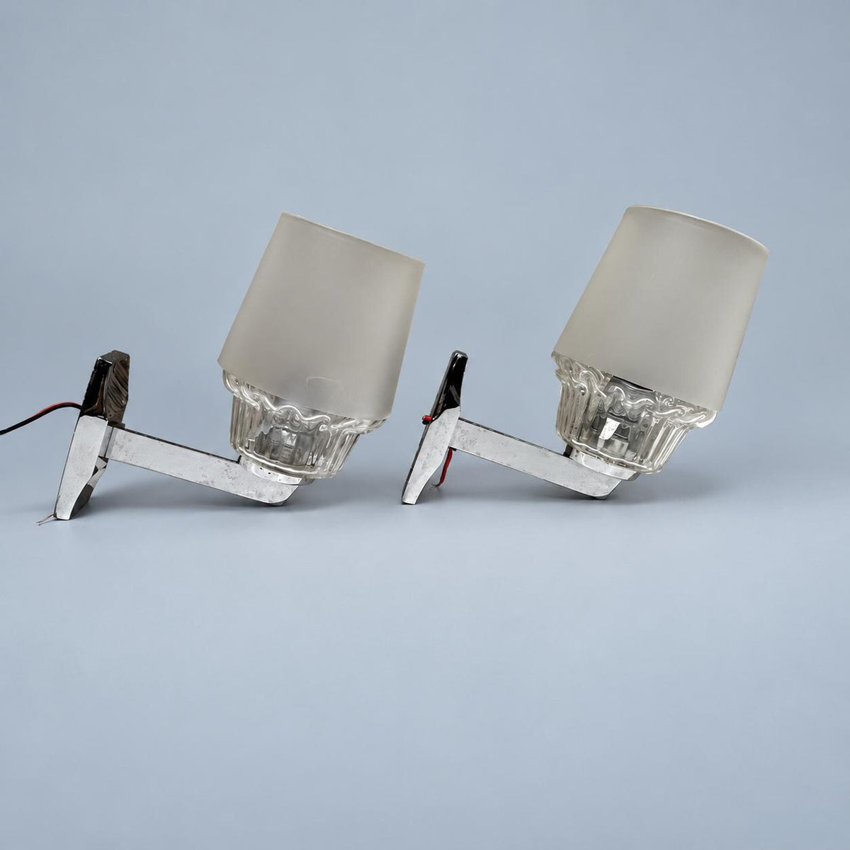 Mid-Century Chrome Wall Sconces, Pair, Frosted and Clear Fluted Glass Shades, Rectangular Arms