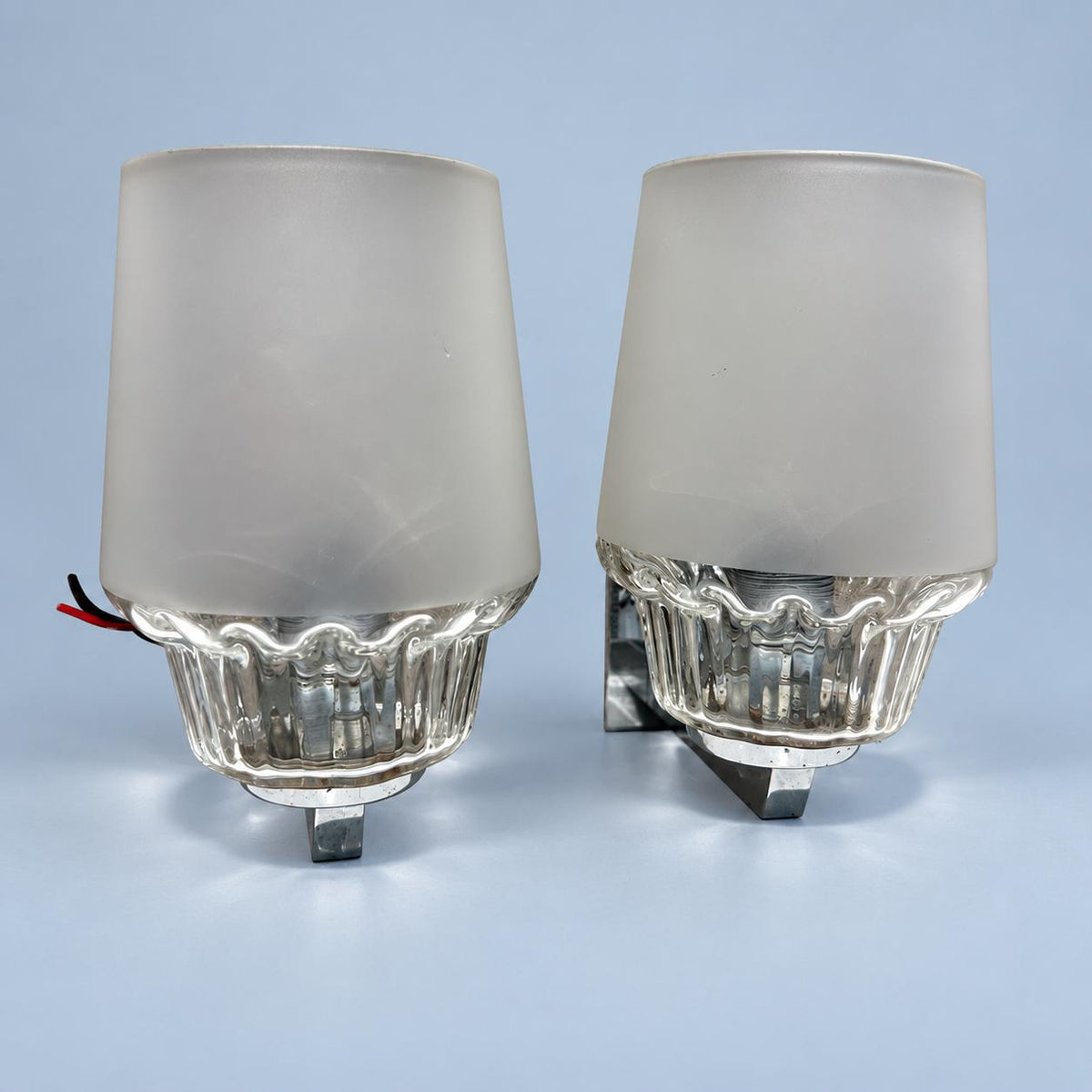 Mid-Century Chrome Wall Sconces, Pair, Frosted and Clear Fluted Glass Shades, Rectangular Arms