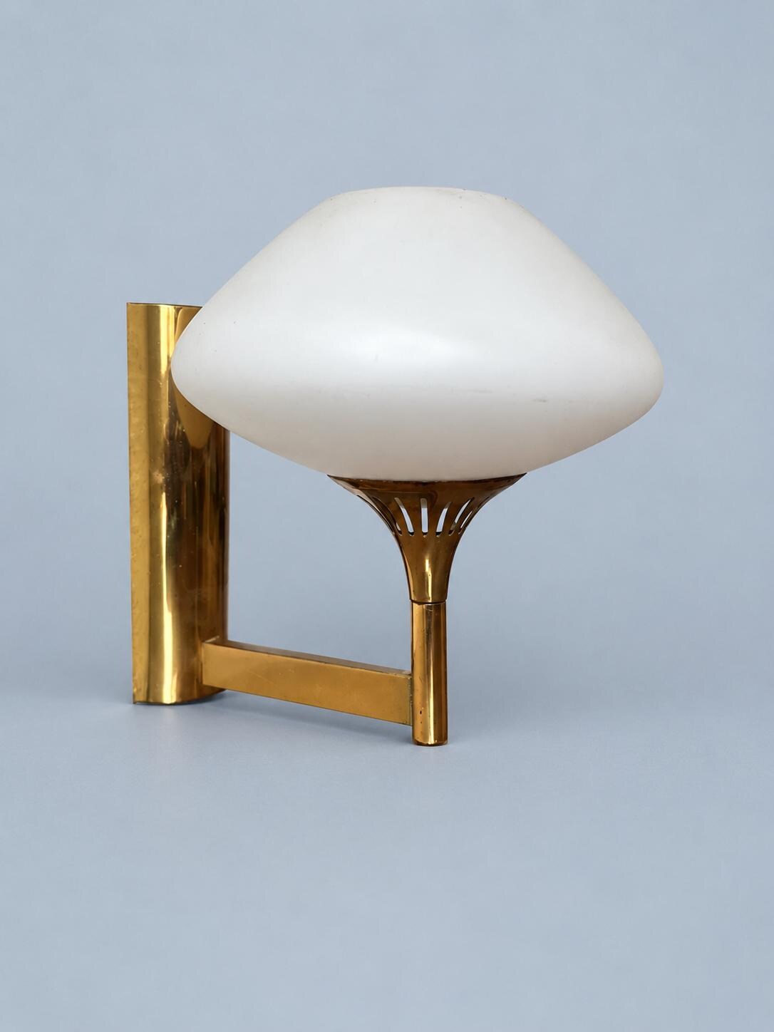 Vintage 1970s Gold-Tone Wall Sconce with White Saucer-Shaped Glass Shade