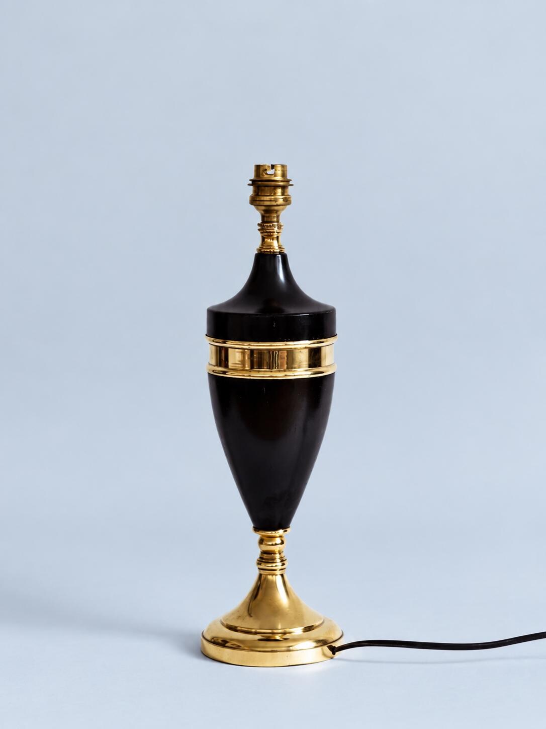 1960s Black Lacquered Metal Urn Table Lamp Base with Brass Band, Vintage Neoclassical Light