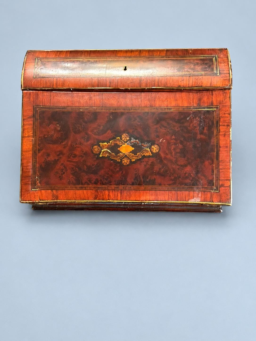 Vintage Napoleon III Style Writing Slope, Attributed 19th Century, Burl-Effect Veneer Travel Writing Box with Inlay, 33 cm