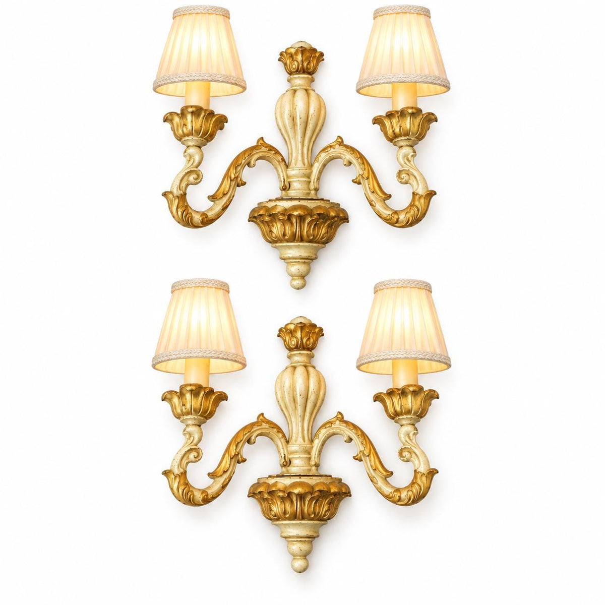 Vintage Pair of Classic Style Wooden Wall Sconces in Beige with Gold-Tone Finish