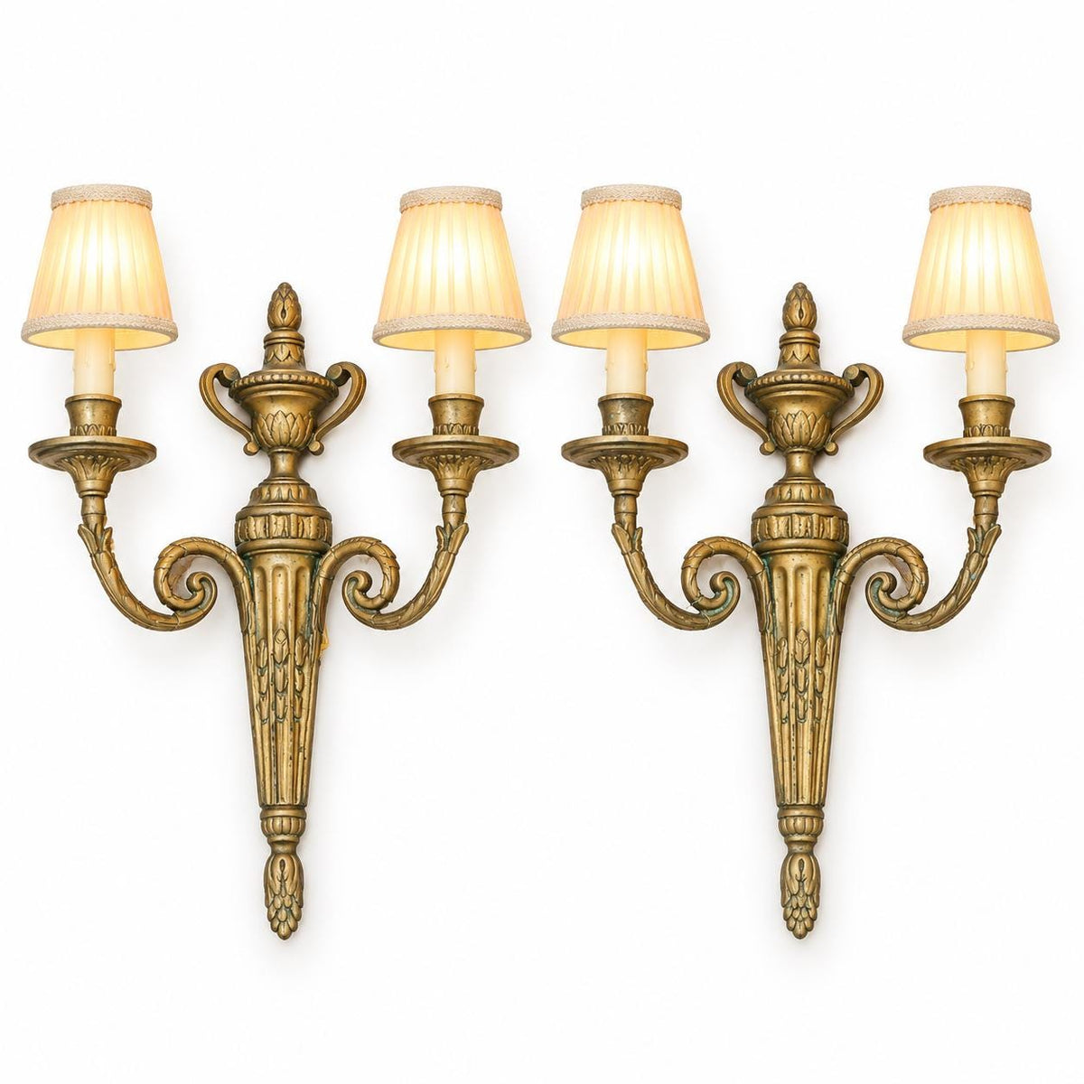 Antique Pair of Large Transition Style Bronze-Tone Two-Arm Wall Sconces with Urn Crest