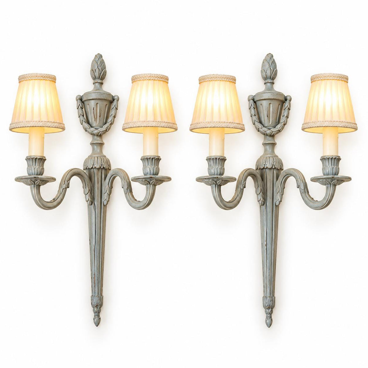Vintage Set of Four Louis XVI Style Grey Painted Metal Two-Arm Candle Wall Sconces with Urn Crest
