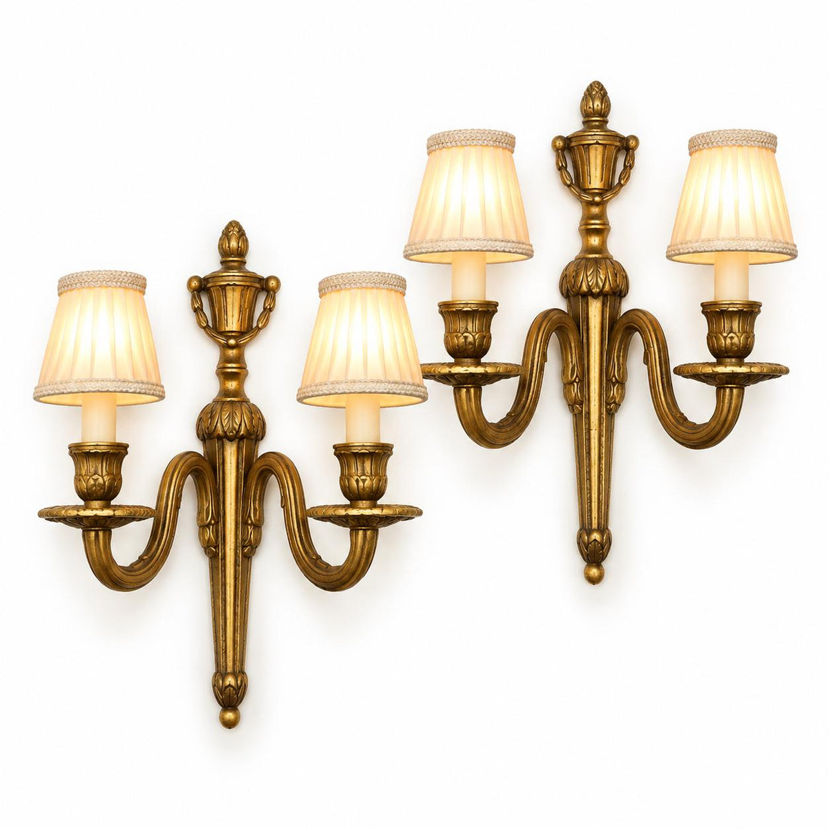 Vintage Pair of Louis XVI Style Gilt Metal Two-Arm Candle Wall Sconces with Urn Crest