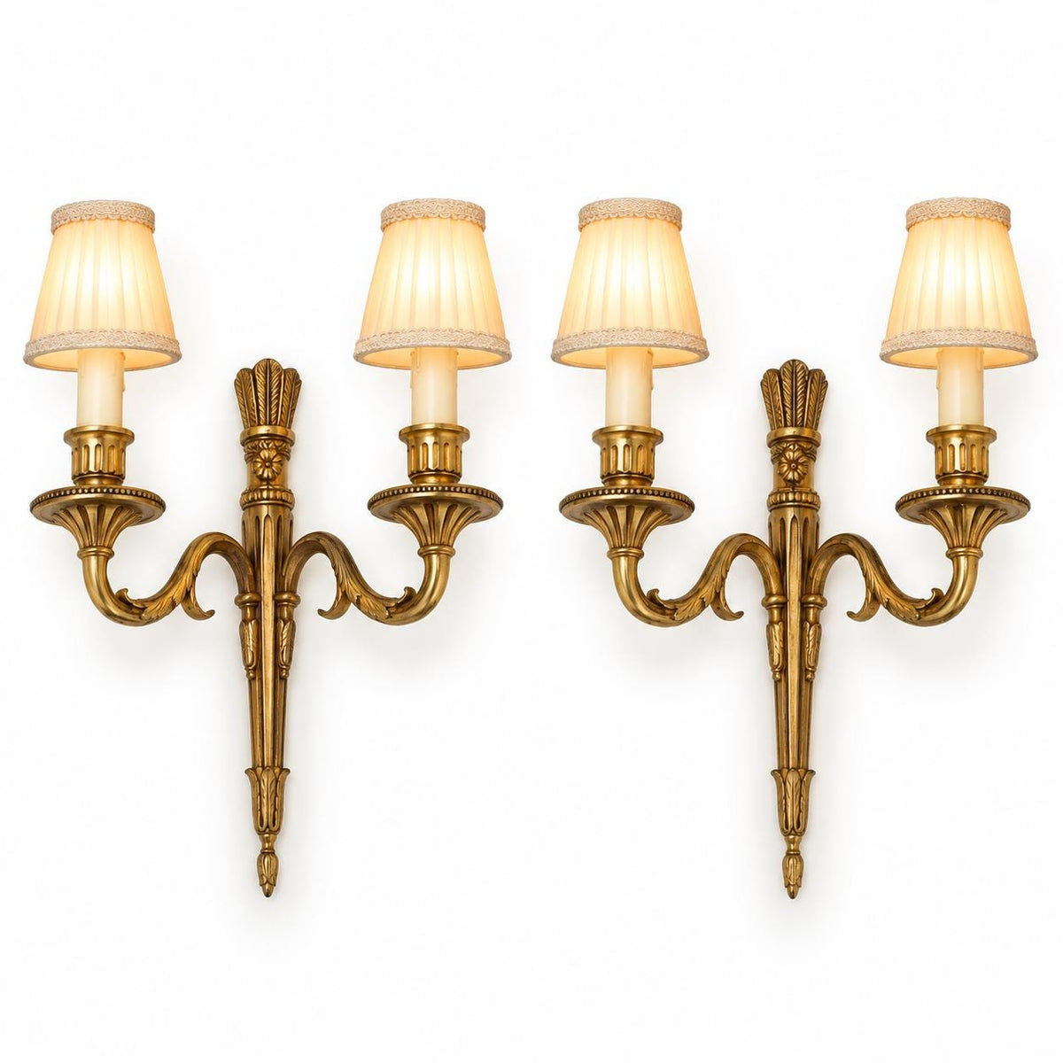 Vintage Pair of Louis XVI Style Gilt Metal Two-Arm Wall Sconces with Fluted Shaft and Rosettes