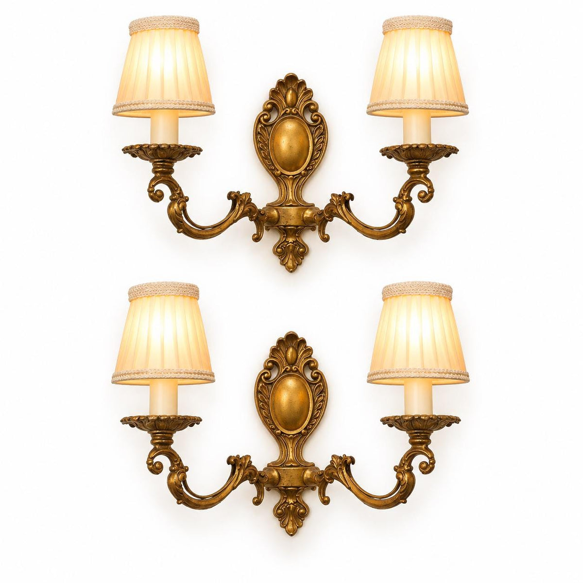 Vintage Pair of Small Louis XV Style Gilt Metal Two-Arm Wall Sconces with Shell Crest