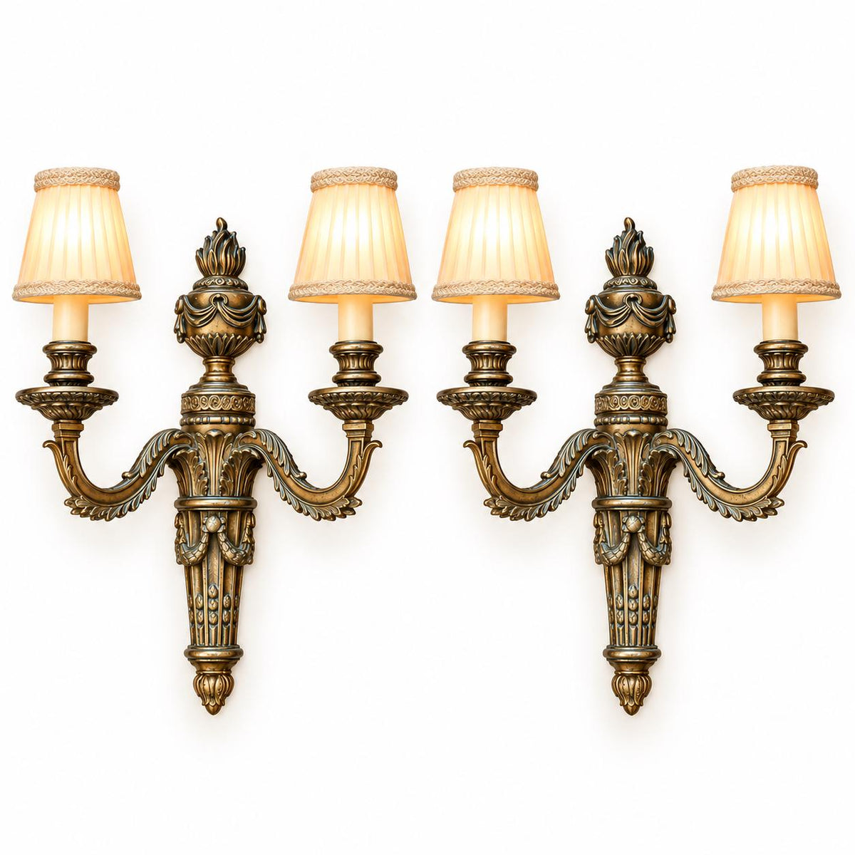 Vintage Pair of Louis XVI Style Silver-Tone Two-Arm Wall Sconces with Flame Urn and Drapery