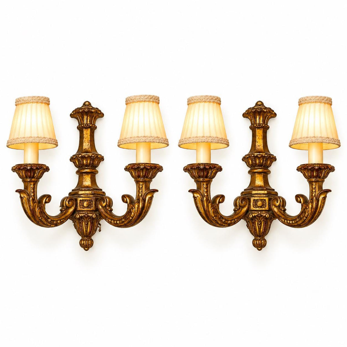 Vintage Pair of Classical Style Antique Gold Finish Two-Arm Wall Sconces with Acanthus Arms