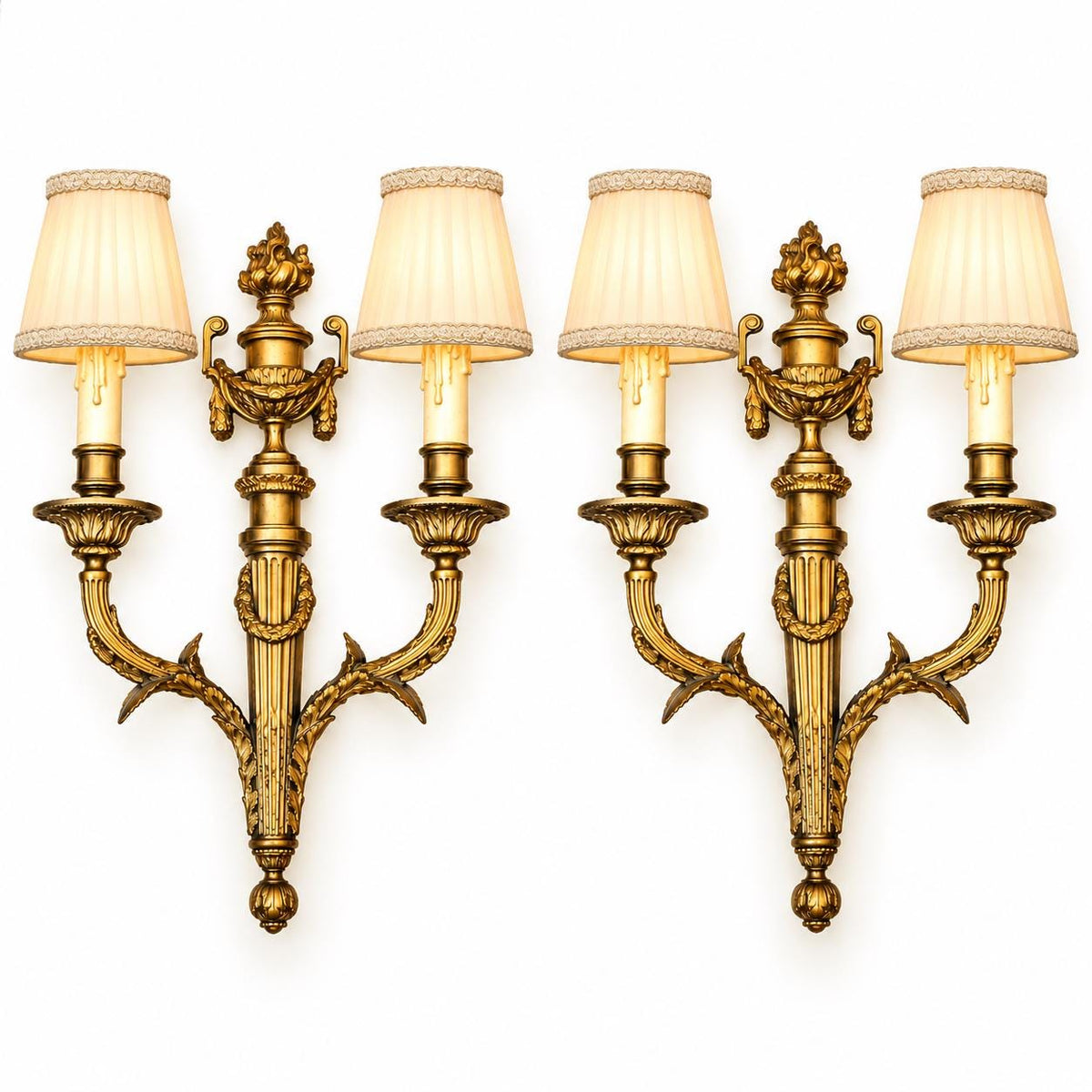 Large Pair of Louis XVI Style Gilt Bronze Wall Sconces, Handled Flame Urns, Fluted Shafts and Sweeping Leaf Arms