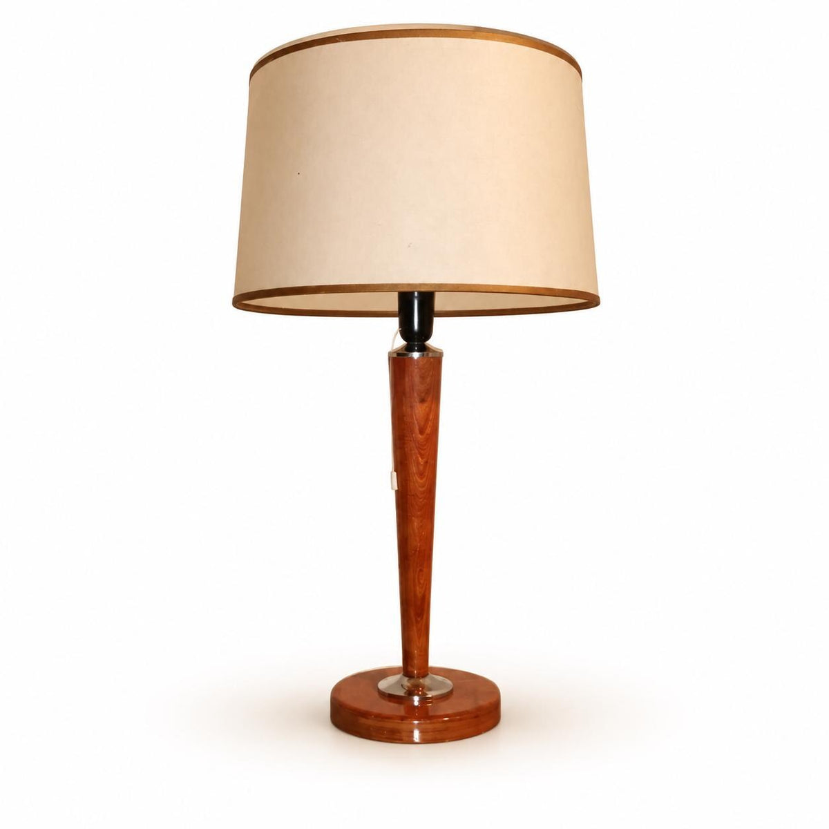 Vintage Large Table Lamp, Attributed 1960s–70s, Tapered Stained Beech Column with Chrome Details, Cream Drum Shade, 68 cm