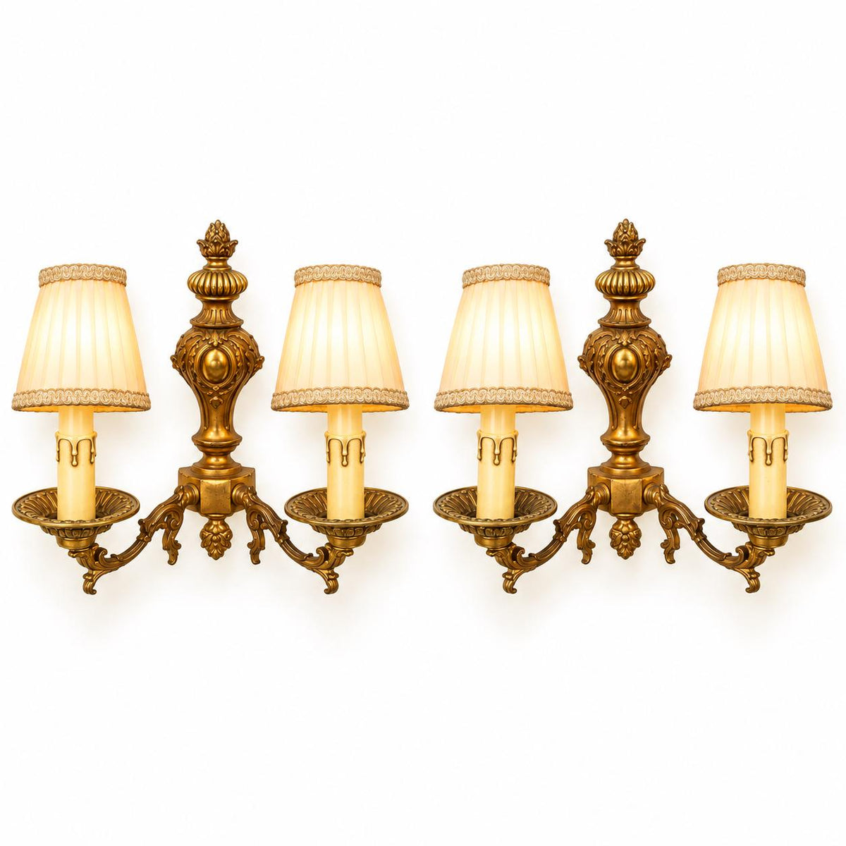 Vintage Pair of Louis XV Style Gilt Metal Two-Arm Wall Sconces with Deep Drip Pans