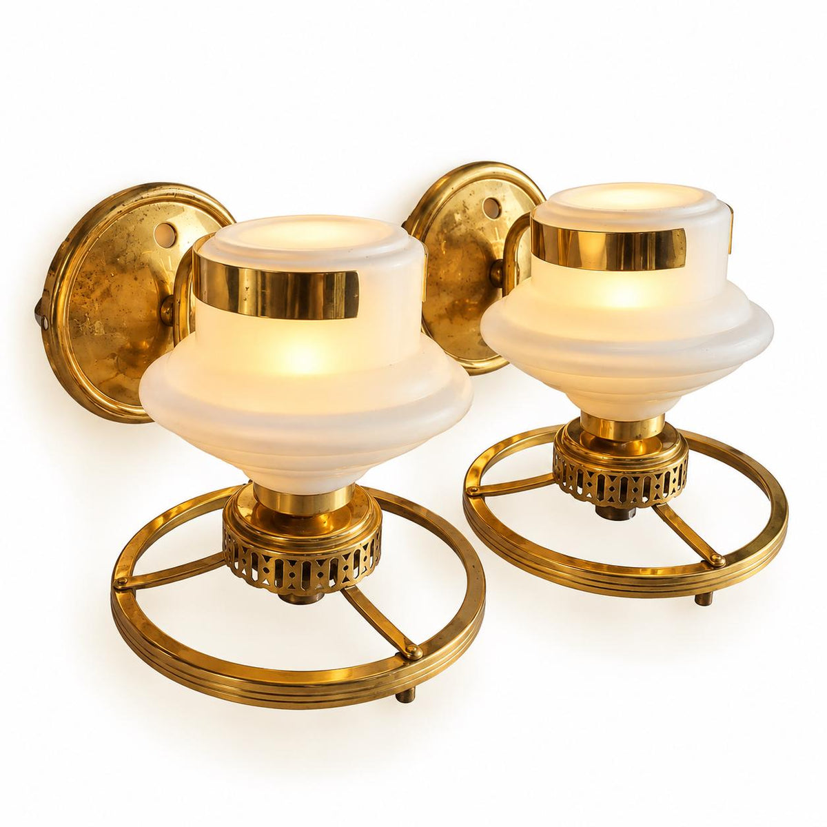 Vintage Pair of Brass-Tone Oil Lamp Style Wall Sconces with White Glass Shades