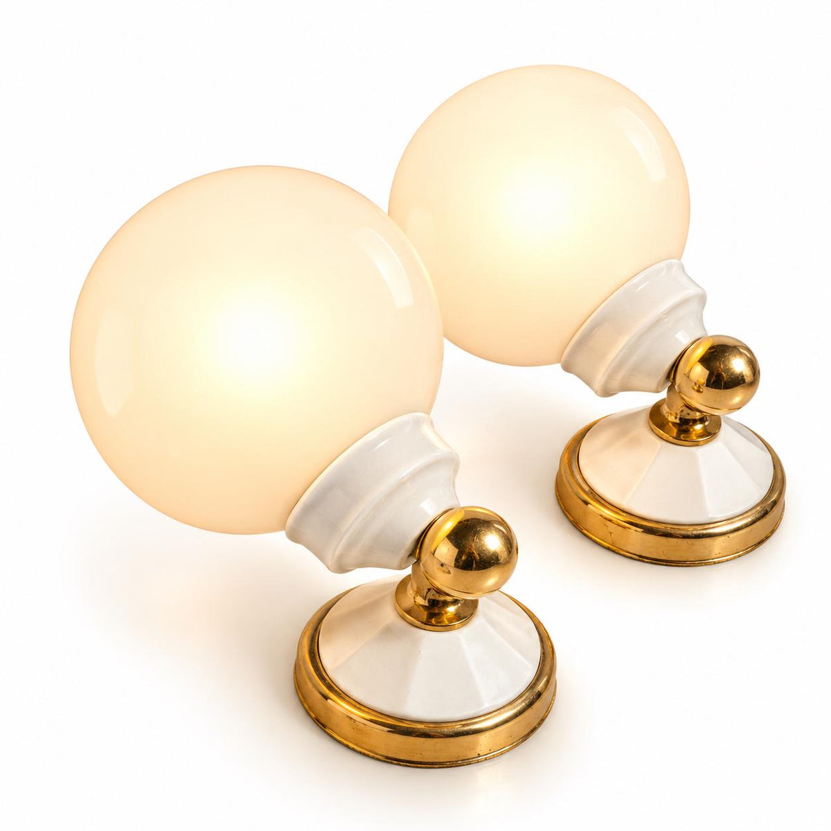 Vintage Pair of Hollywood Regency Style White and Gold-Tone Globe Wall Sconces