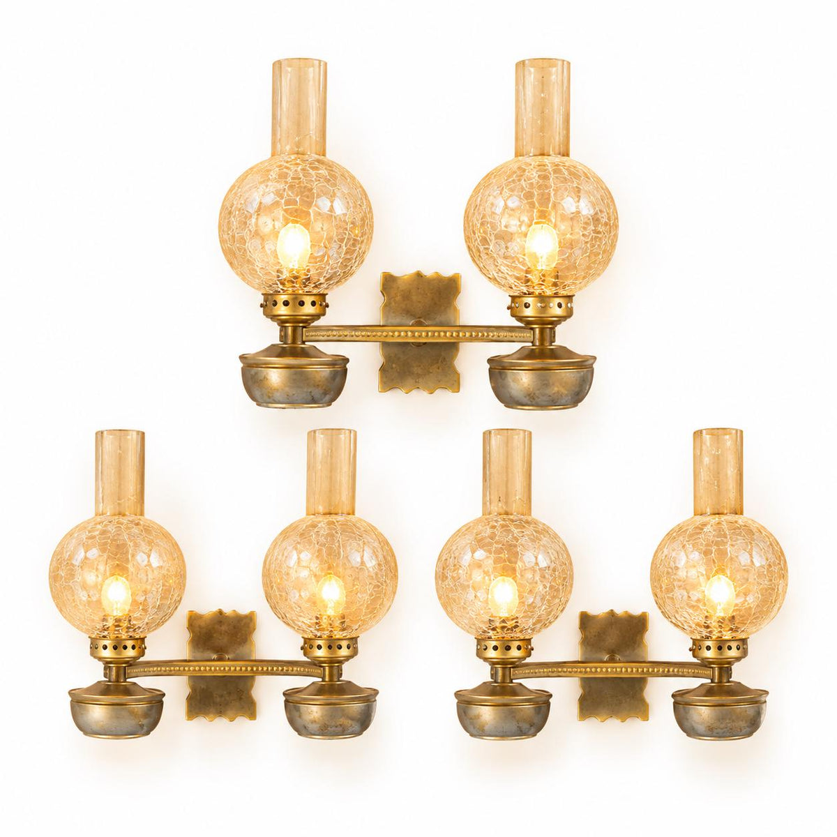 Vintage Set of Three Oil Lamp Style Two-Light Wall Sconces with Crackle Glass Globes and Chimneys, Metal Bowls and Straight Arms